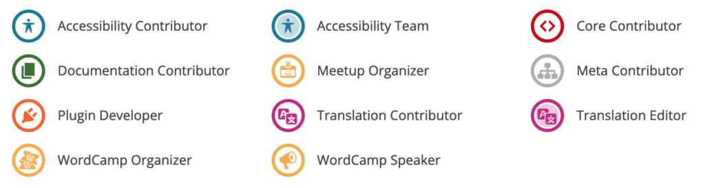 Badges for the Following Teams: Accessibility Contributor and Team Member, Core, Documentation, Meetup Organizer, Meta, Plugin Developer, Translation Contributor and Editor, WordCamp Organizer and WordCamp Speaker